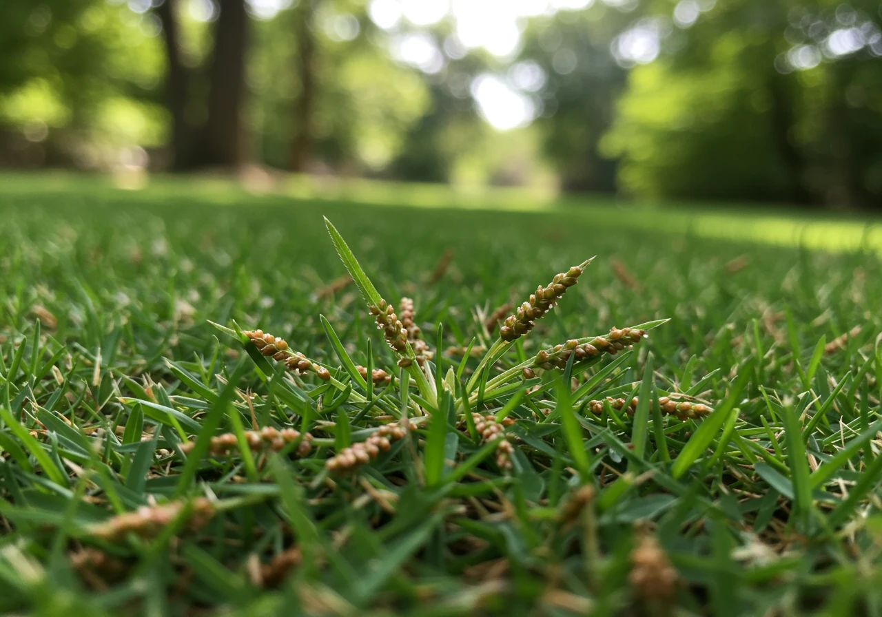 A macro shot focusing on a common lawn weed, such as crabgrass or a dandelion, growing within a section of otherwise healthy turf. This visually identifies the 'enemy' discussed in the section.