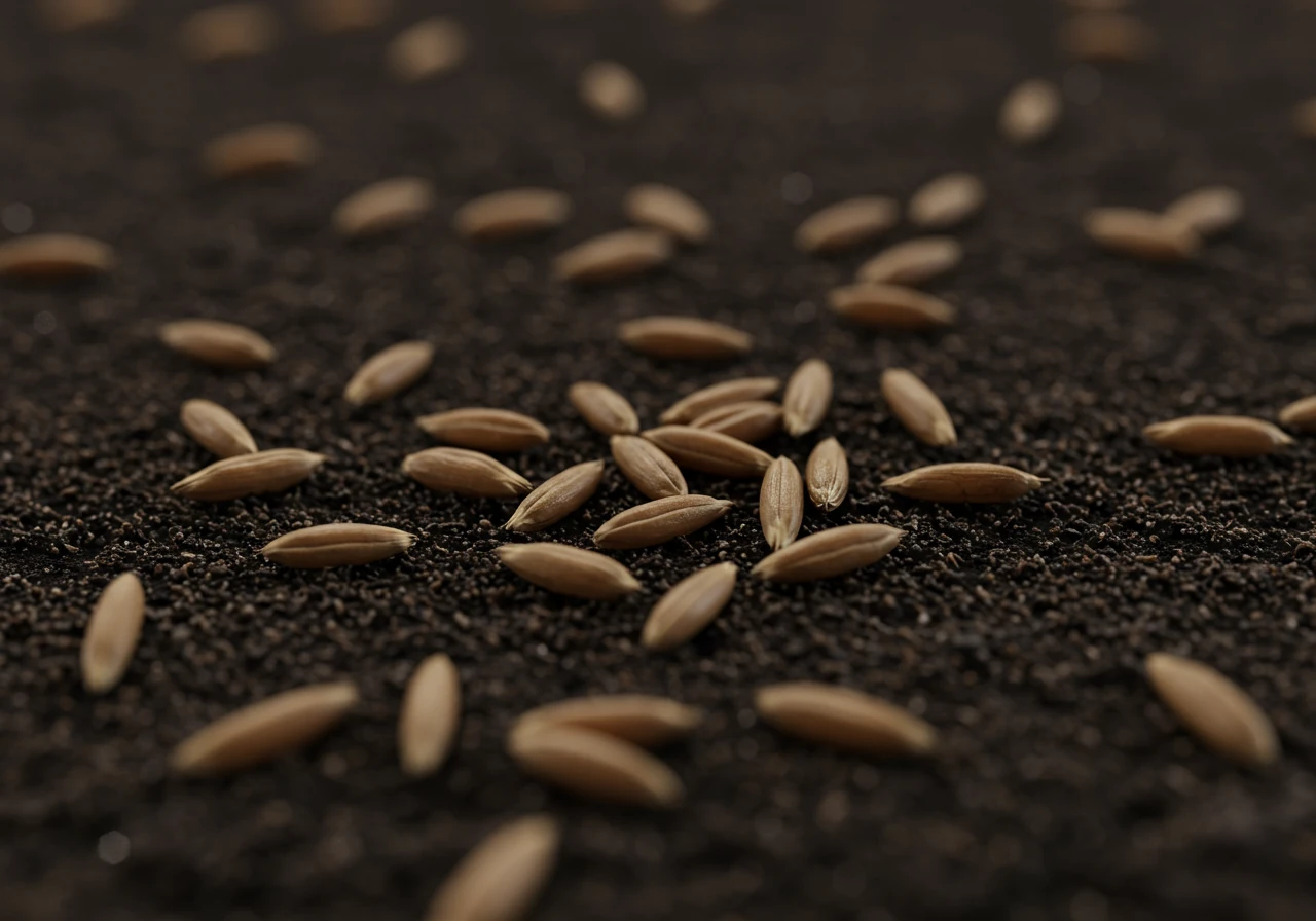 A macro photograph focusing on grass seeds scattered evenly across the surface of dark, moist, finely raked topsoil. The image should emphasize the crucial seed-to-soil contact needed for successful germination, visually representing the seeding process described.