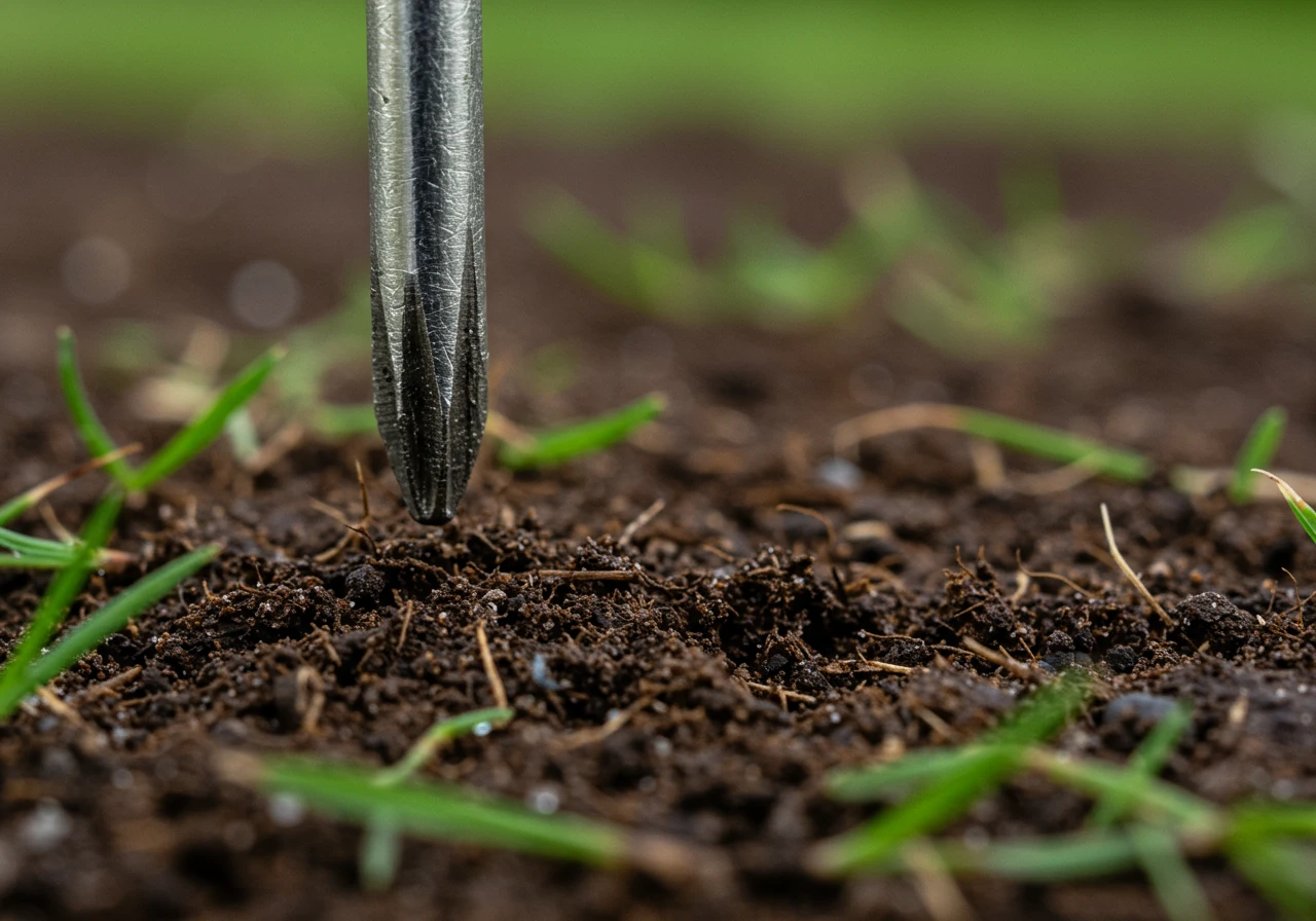 A close-up image demonstrating the 'Screwdriver Test' concept without showing hands or people. Focus tightly on a long metal screwdriver inserted only about 1-2 inches into moist lawn soil, clearly meeting resistance. The surrounding soil should look dense and compacted, contrasting with potentially looser soil deeper down (which isn't reached).