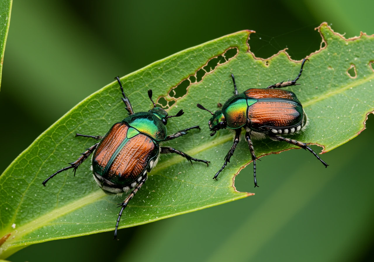 A clear, detailed macro photograph identifying a common garden pest mentioned in the article. Shows one or two metallic green and bronze Japanese beetles actively feeding on a green leaf, highlighting the characteristic skeletonization damage they cause to the leaf.