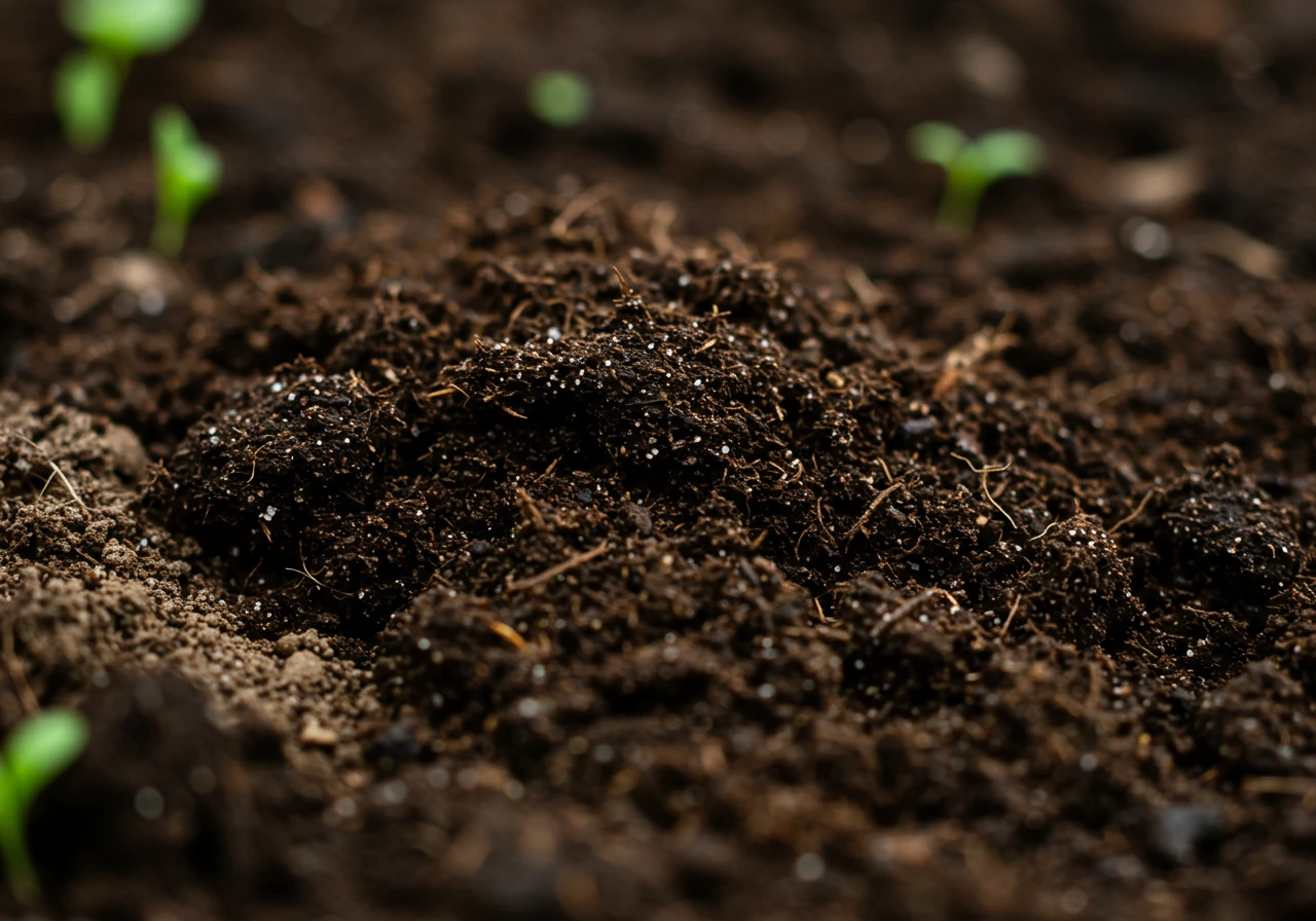A close-up, textured image highlighting healthy, amended garden soil. Show dark, crumbly compost being integrated into lighter garden soil, emphasizing the rich texture and composition ideal for planting. Perhaps a few small, unfurling green leaves of a newly emerging perennial are visible nearby to indicate the season.