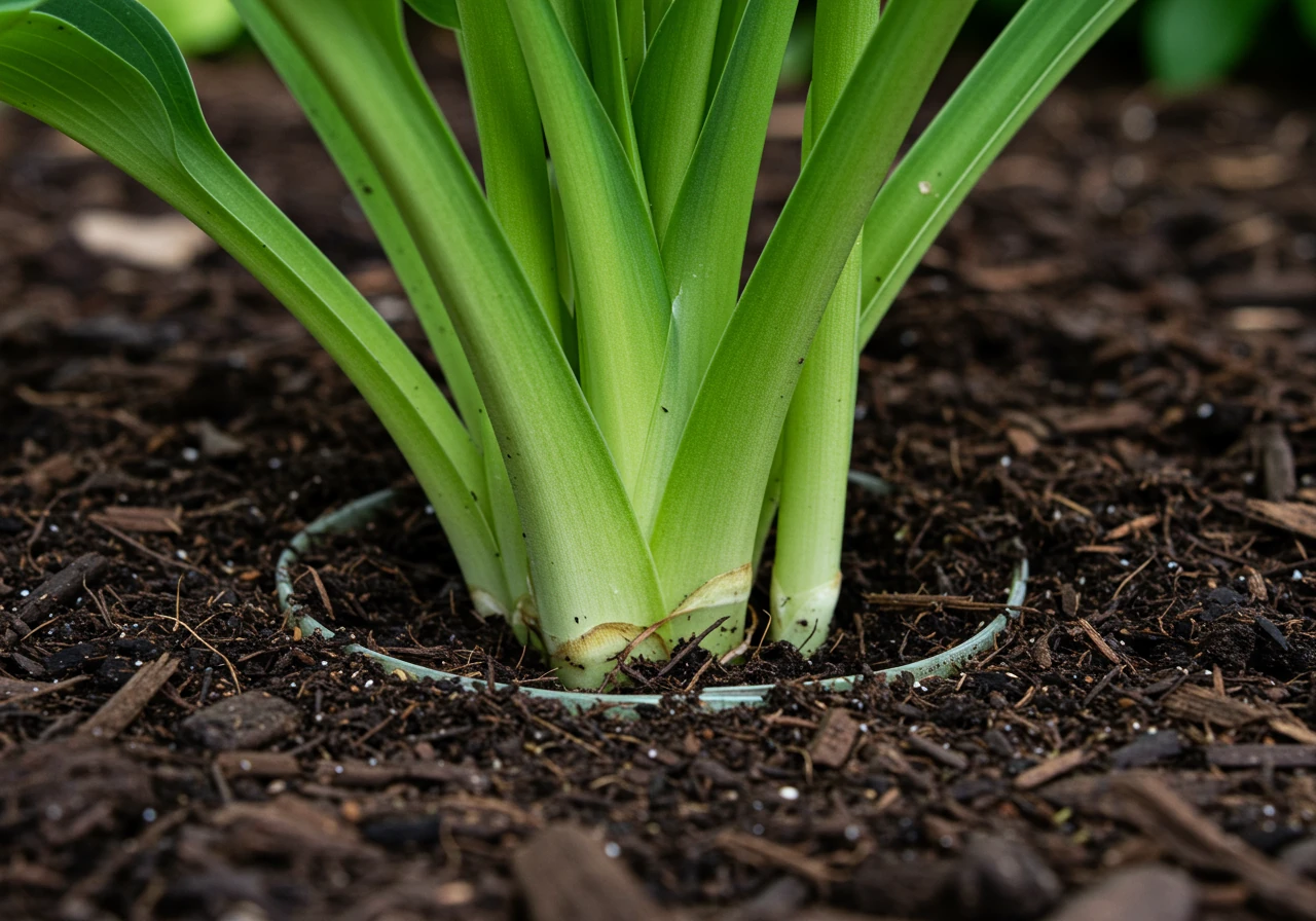 A detailed close-up demonstrating the correct 'donut' method of applying mulch around a plant. The image focuses on the base of a healthy green hosta plant, showing a clear ring of bare soil several inches wide around the stem, separating it from the surrounding layer of dark wood chip mulch.