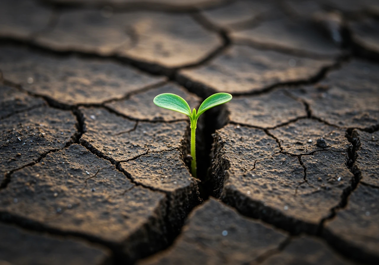 A detailed close-up photograph emphasizing the texture of challenging soil. Focuses on heavy, dark clay soil showing cracks from dryness. A single, small, resilient green sprout pushes through a crack, symbolizing growth despite difficult conditions relevant to the Ottawa area.