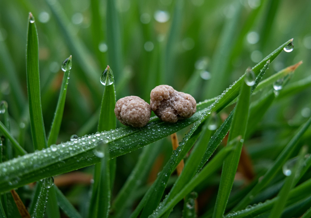 A macro photograph focusing intently on small, uniformly sized, coated slow-release fertilizer granules resting gently amongst healthy, vibrant green grass blades. A few sparkling dew drops cling to the grass, adding texture and freshness. The background is softly blurred, keeping the focus on the granules and grass.