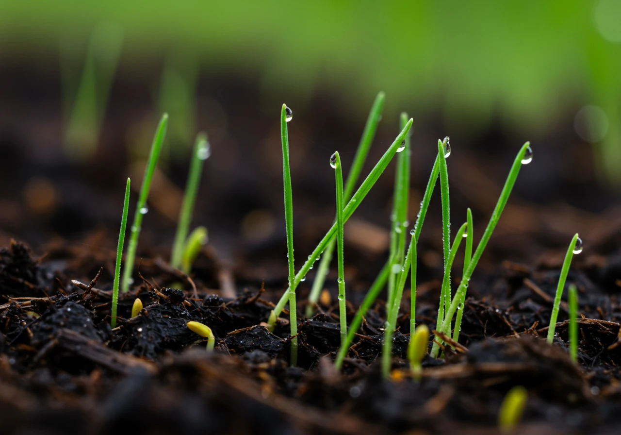 A detailed macro photograph showing vibrant green grass seedlings newly sprouted and emerging from dark, moist, amended soil. Tiny water droplets (like morning dew) cling to the delicate blades. The focus is sharp on the seedlings, with the background soil softly blurred, conveying new growth and successful germination.