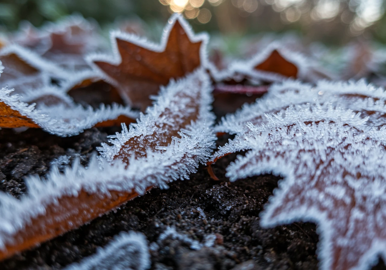 A close-up, ground-level photograph capturing intricate white frost crystals covering dormant garden soil and the edges of fallen brown and red autumn leaves on a cold morning. The image emphasizes the freezing conditions discussed in the text.