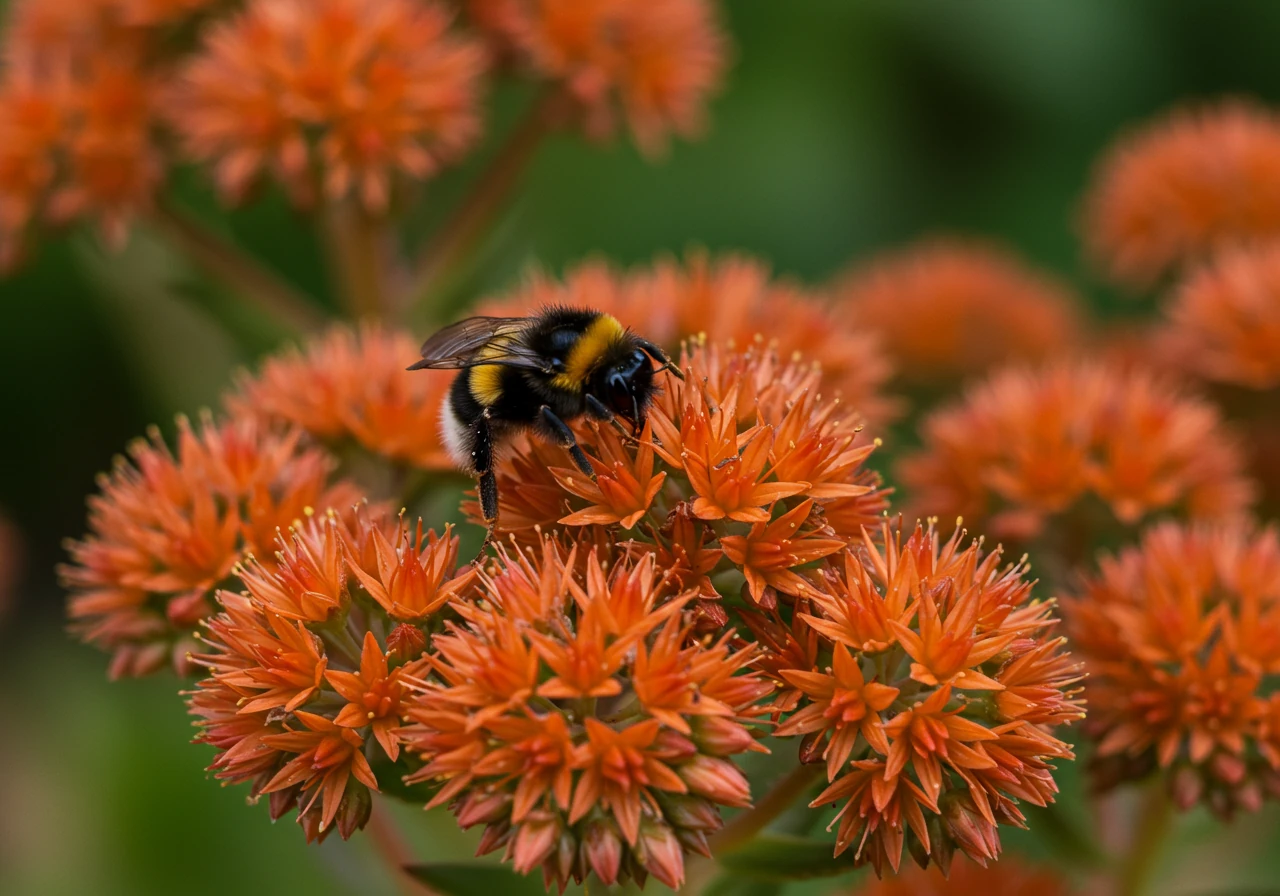 A detailed close-up shot focusing specifically on one of the mentioned 'Fall Colour Champions', like Sedum 'Autumn Joy'. The image should highlight the unique texture and deep colour of the flower heads in late season, perhaps with a visiting pollinator like a bee to add life, emphasizing its ecological benefit mentioned in the text.