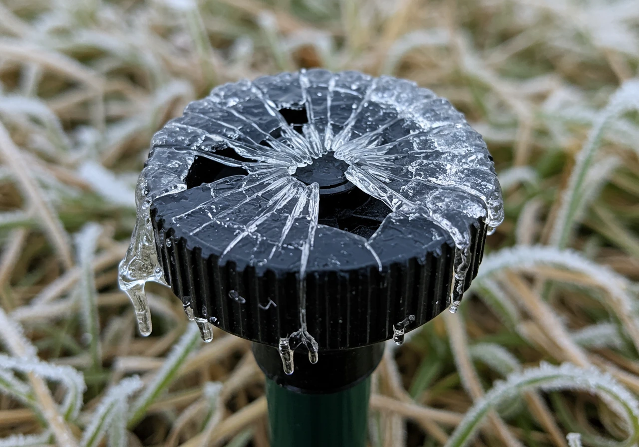A close-up, outdoor photograph illustrating the destructive power of ice on sprinkler components. Focus on a plastic pop-up sprinkler head visibly cracked and deformed, encased in jagged, clear ice. The surrounding ground shows dormant, frost-covered brown grass, emphasizing the harsh winter conditions. The lighting should be cool and crisp, highlighting the texture of the ice and the damage to the sprinkler head.