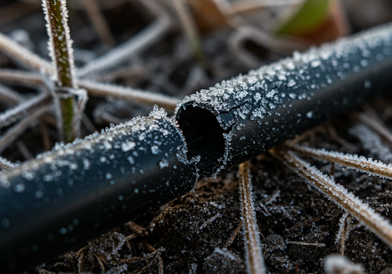 A close-up, dramatic photograph focusing on a section of black poly drip irrigation tubing that has been visibly split open or cracked due to ice expansion. Subtle ice crystals or frost could be visible on the tubing or surrounding frozen soil/dormant plant matter, clearly illustrating winter damage.