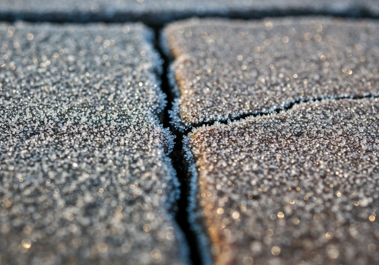 Close-up photograph illustrating the concept of freeze-thaw damage. The image focuses on a natural stone paver or outdoor countertop edge showing a fine crack accentuated by a light dusting of frost. The texture of the stone and the frost crystals should be highly detailed, conveying a sense of cold and vulnerability.