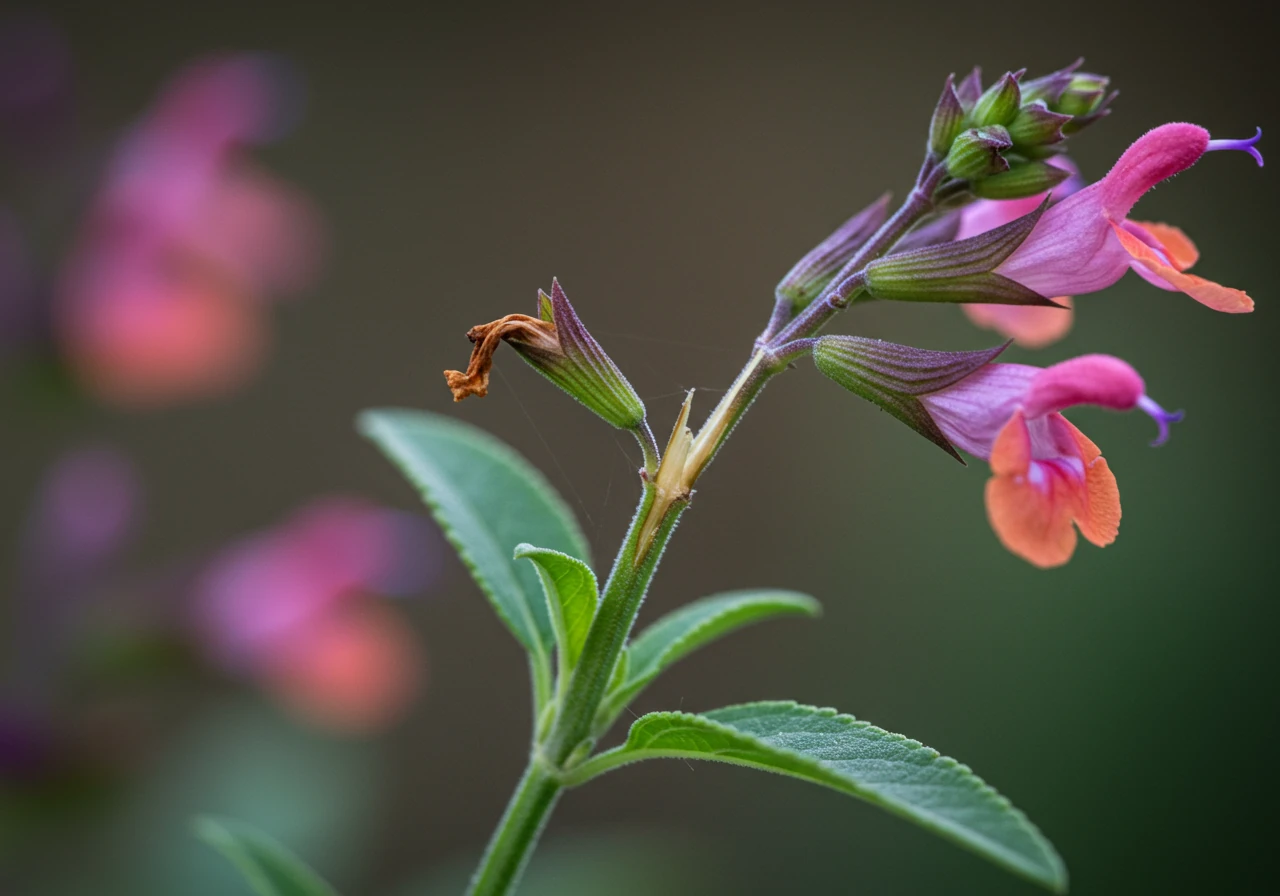 A detailed close-up photograph focusing on a garden perennial, like a coneflower (Echinacea) or Salvia, illustrating the result of deadheading. Show a spent flower stem cleanly snipped off just above a node or set of healthy leaves, next to remaining vibrant blooms. This visual clarifies the deadheading technique described.
