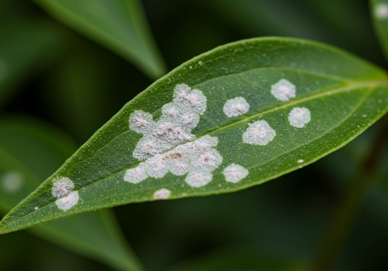 A detailed close-up photograph of a vibrant green plant leaf, possibly a phlox or monarda leaf, clearly showing the characteristic white, powdery patches of powdery mildew spreading across its surface. The background should be softly blurred garden foliage.