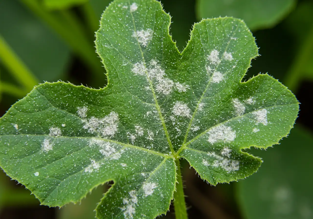 A clear image showing the characteristic white, powdery patches of powdery mildew fungus on the green leaves of a susceptible plant, such as phlox, bee balm, or zucchini. The image should clearly depict the texture and appearance of the mildew against the healthy part of the leaf.