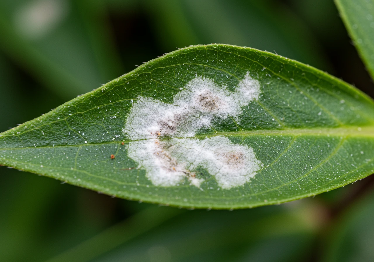 A macro photograph focusing sharply on a vibrant green leaf (e.g., rose or phlox) afflicted with powdery mildew. The characteristic white, dusty fungal patches should be clearly visible on the leaf surface, illustrating a common disease discussed.