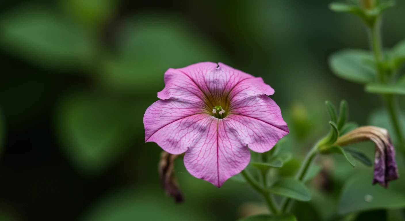 A detailed close-up photograph illustrating heat stress on a plant. It should show the delicate, papery, brown scorched edges on the petals of a typically vibrant flower (like a petunia or impatiens) after intense sun exposure. The rest of the flower might still show some color, emphasizing the damage. The background should be softly blurred garden foliage.