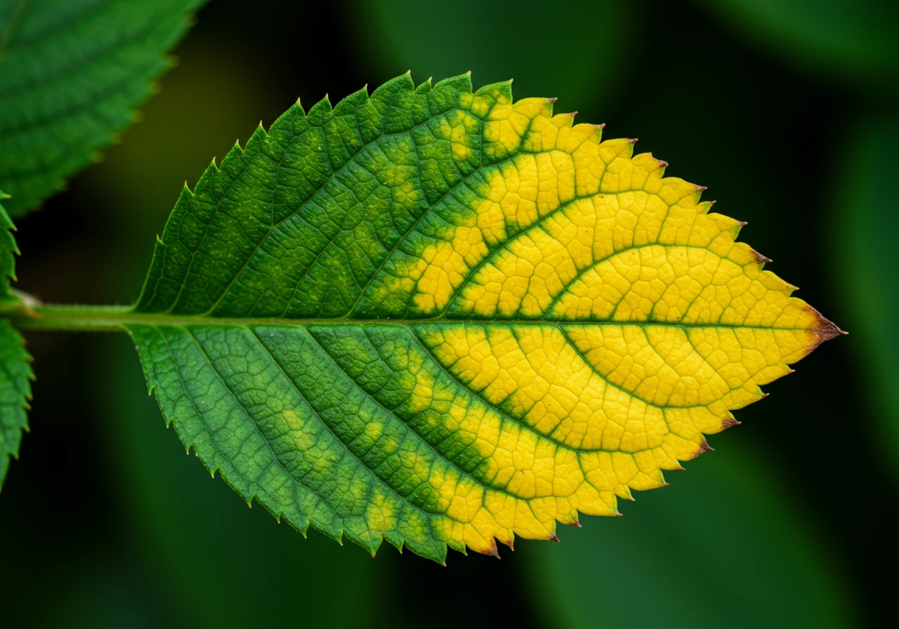 A clear visual comparison showing a healthy green plant leaf next to a leaf exhibiting classic signs of chlorosis, specifically interveinal chlorosis where the leaf tissue is yellow but the veins remain green. This directly illustrates the key diagnostic feature mentioned.