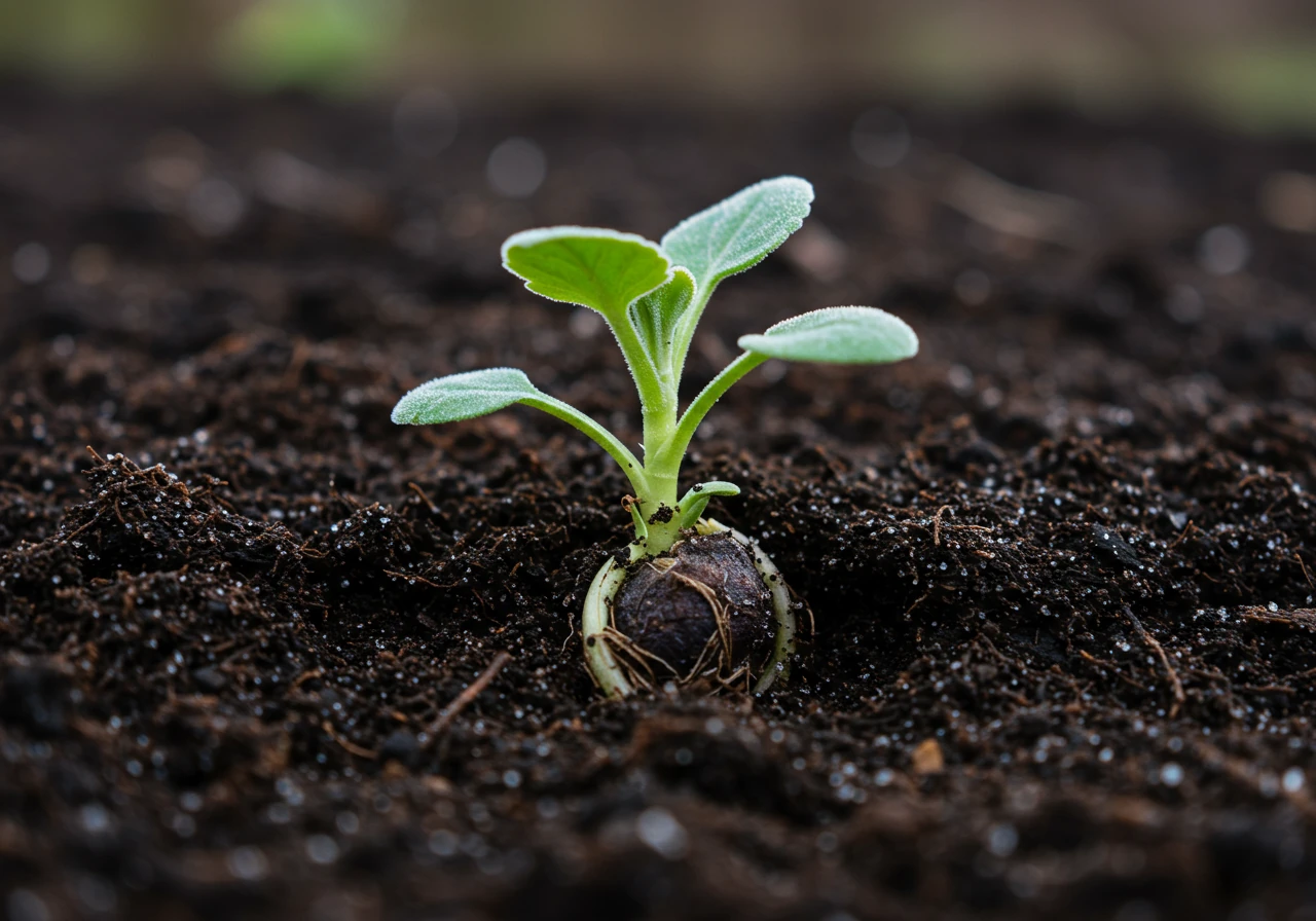 A close-up image highlighting frost heave affecting a perennial plant. The image should clearly show the base of a dormant or just-emerging perennial slightly lifted out of the dark, moist spring soil, with some roots potentially exposed. The focus should be on the disturbed soil and plant base, illustrating the 'heave-ho' effect described.