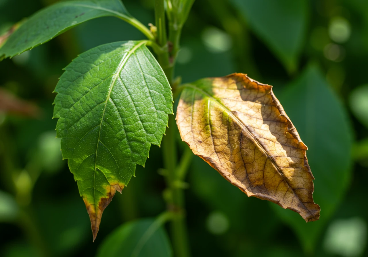 A close-up image vividly illustrating common signs of summer plant stress mentioned in the text, such as wilting and leaf scorch, helping readers visually identify these issues in their own gardens.