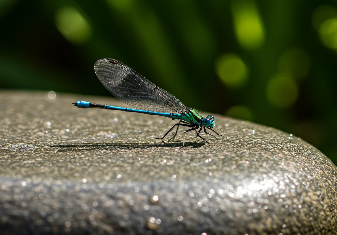 A close-up, detailed macro shot of a vibrant blue dragonfly perched delicately on a smooth, wet grey stone at the edge of a small garden water feature. Water droplets cling to the stone and the dragonfly's wings. The background is softly blurred green foliage, emphasizing the dragonfly as a focal point attracted by the water.