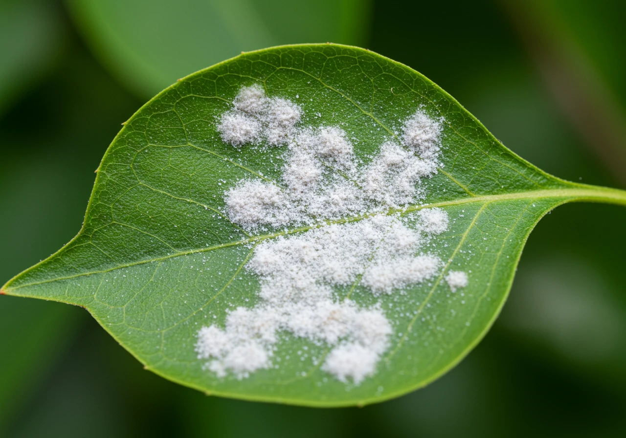 A detailed close-up image showcasing the characteristic white, powdery fungal growth of Powdery Mildew coating the surface of a green lilac leaf. The focus should be sharp on the mildew texture against the leaf's surface, illustrating the disease clearly for identification purposes.