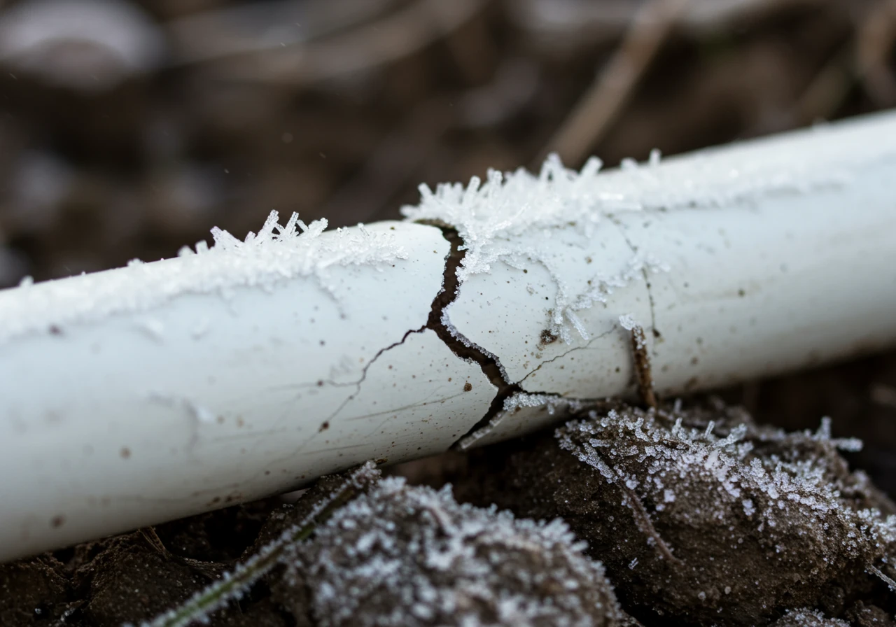 A close-up, dramatic photograph focusing on a white PVC irrigation pipe that is partially buried in dormant, frosty soil. The pipe shows a clear, jagged crack caused by ice expansion. Subtle frost crystals are visible on the pipe and the surrounding brown earth, emphasizing the cold temperature and the consequence of freezing water. The lighting is cool and suggests a winter morning.