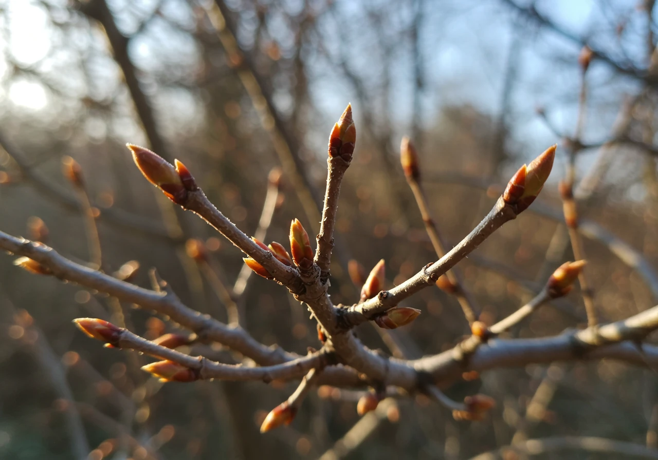 A close-up image focusing on the dormant branches of a deciduous shrub (like a Spirea or Potentilla) in early spring. The key visual element should be the clearly visible swelling leaf or flower buds on the stems, indicating the plant is waking up and nearing the optimal time for pruning summer-blooming varieties before vigorous growth begins. The lighting should suggest crisp early spring.