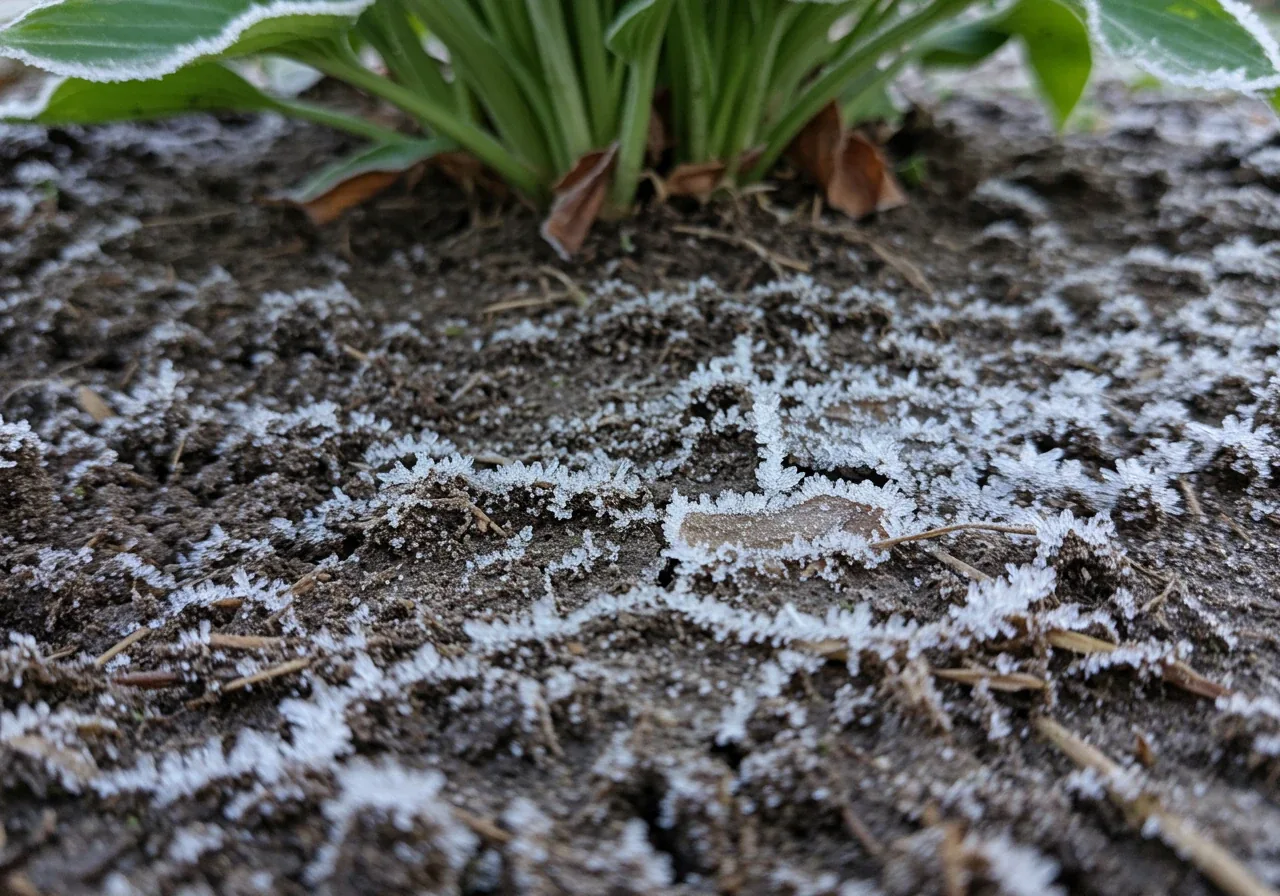 A close-up image illustrating the freeze-thaw effect on soil. Showcases slightly cracked, frosty soil near the base of a dormant perennial, subtly highlighting how the ground movement can affect plant roots without showing severe damage.