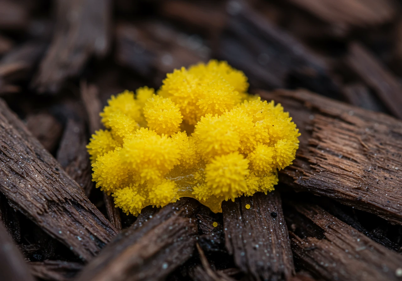 An image depicting the 'slime mold' sometimes found on mulch. Show a patch of bright yellow, textured slime mold (Fuligo septica or 'dog vomit slime mold') growing harmlessly on top of dark wood chip mulch in a garden bed. The surrounding mulch and nearby plants should look healthy.