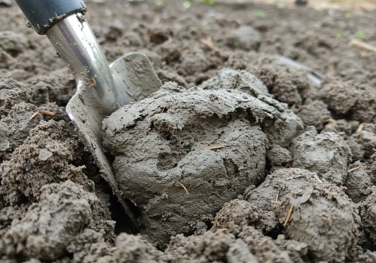 A detailed close-up photograph illustrating the dense, heavy texture of typical Ottawa clay soil. The image should show a chunk of moist, possibly greyish-brown clay, highlighting its lack of crumbly structure and potential stickiness, perhaps with a small garden trowel partially embedded to provide scale and context without showing any hands.