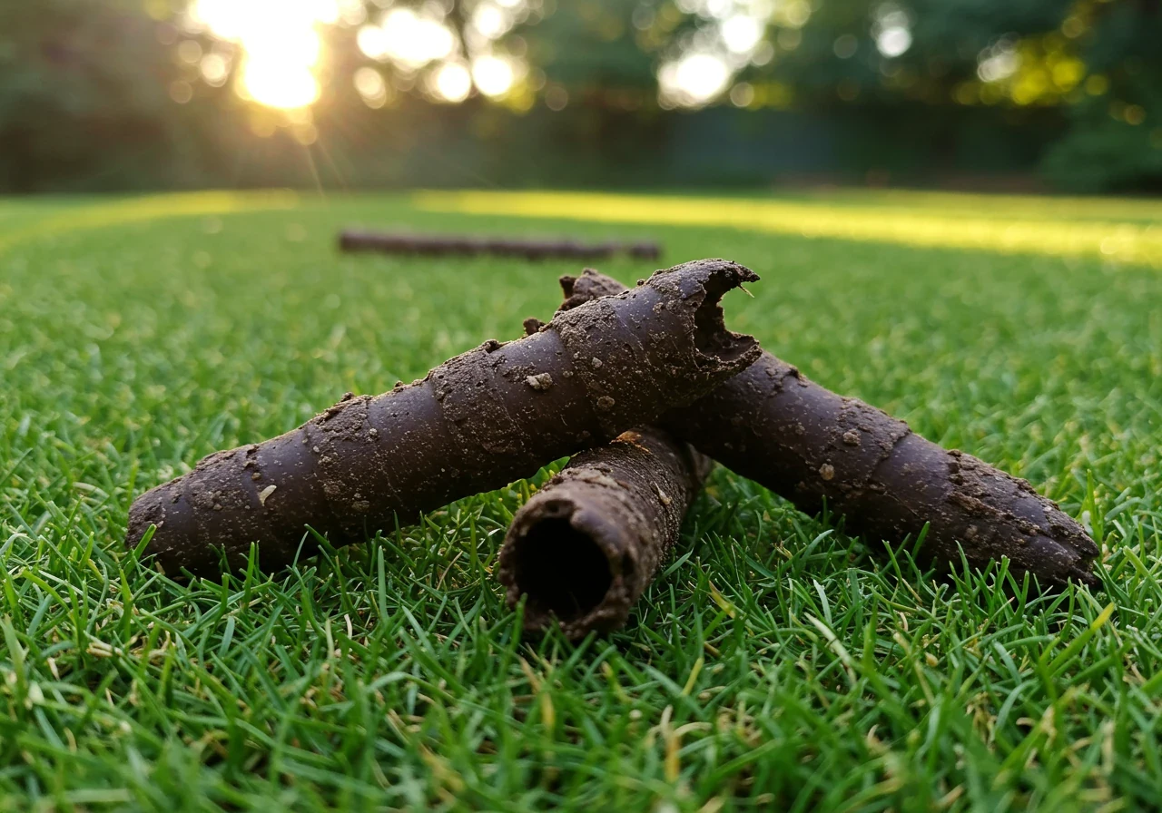A detailed, ground-level view showing numerous small, cylindrical soil plugs (cores) resting on top of a green lawn shortly after a core aeration service. The plugs should clearly show soil and thatch layers. The holes left in the turf should also be visible in the background.