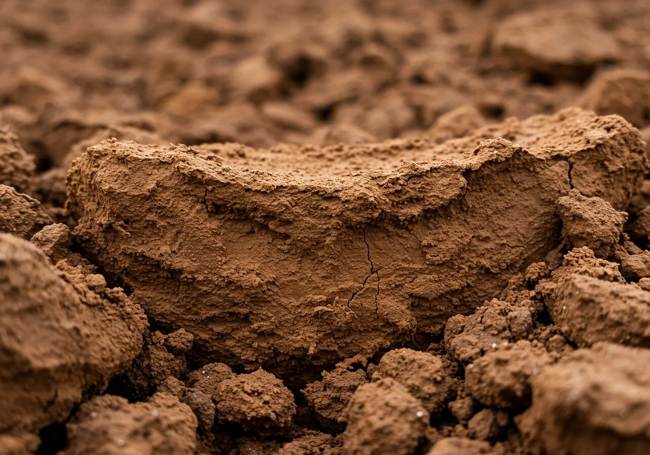 A detailed close-up photograph focusing on the distinct texture of heavy clay soil. The image should show a clump of damp, reddish-brown clay soil broken open to reveal its dense, smooth, and slightly sticky structure, perhaps with a few small stones embedded. The lighting should emphasize the texture and density, conveying the difficulty of working with it.