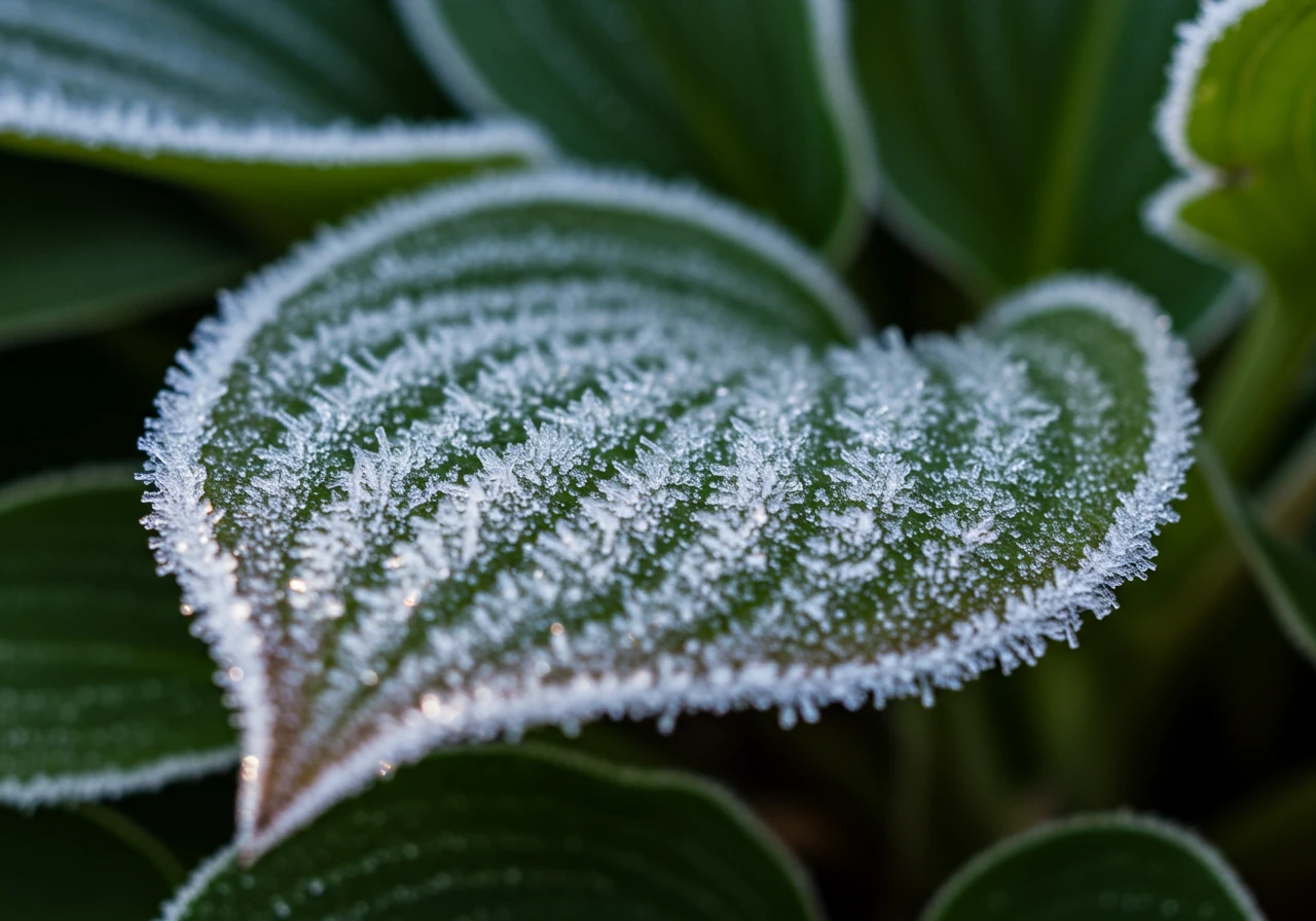 A close-up, detailed photograph capturing the beauty and reality of early frost in an Ottawa garden. Focus on the delicate white frost crystals coating the edges of sturdy perennial leaves (like hosta or sedum) or late-season blooms, with the low angle of early morning sunlight highlighting the texture.