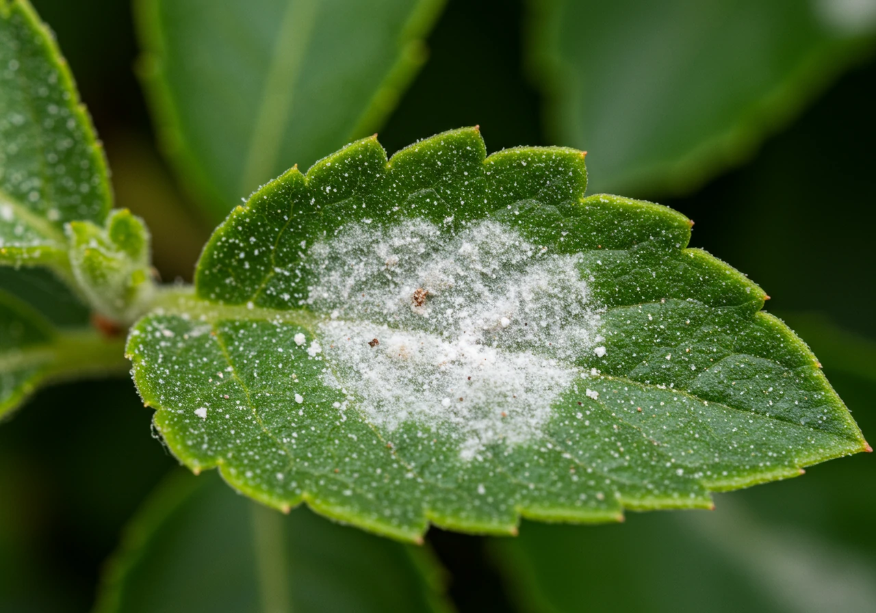 A clear, close-up photograph showing the distinct white, dusty coating of powdery mildew on the green leaves of a garden plant, perhaps a squash or phlox leaf, illustrating a common fungal disease symptom mentioned in the text.