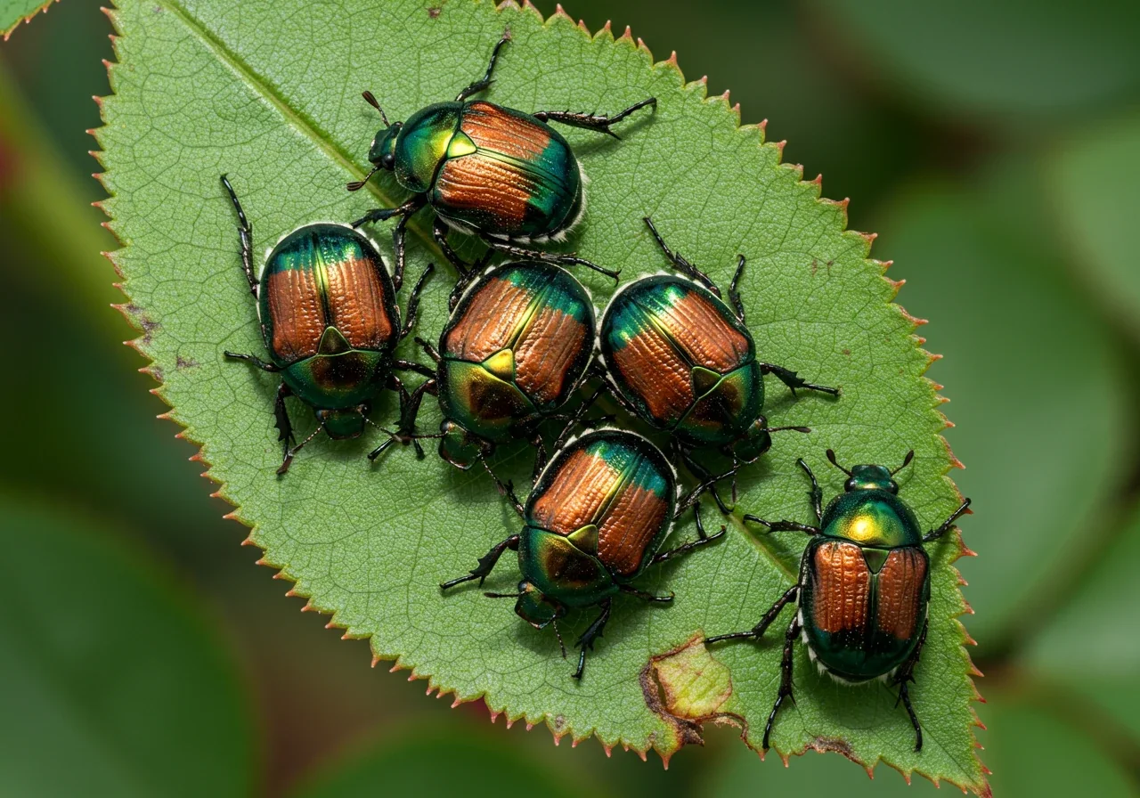 A detailed macro shot of several iridescent Japanese beetles clustered on a green rose leaf, actively munching. The leaf shows minor feeding damage. This image clearly illustrates a common Ottawa summer pest mentioned in the text.