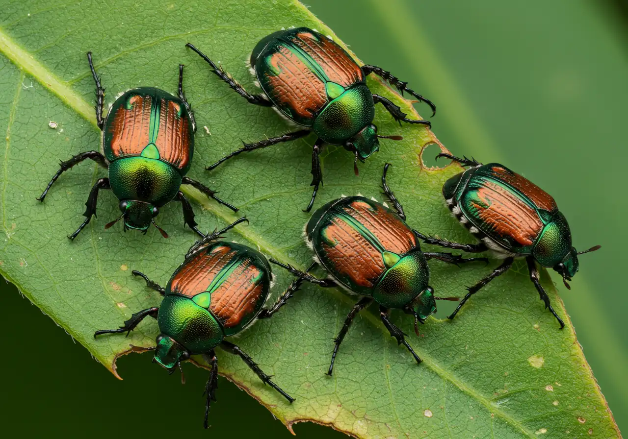 A clear, high-resolution macro shot focusing on a common summer garden pest mentioned in the article, like a Japanese beetle. The image should show the metallic green and copper beetle resting prominently on a green plant leaf, perhaps showing slight feeding damage (skeletonization) on the leaf surface near the beetle to illustrate its impact.