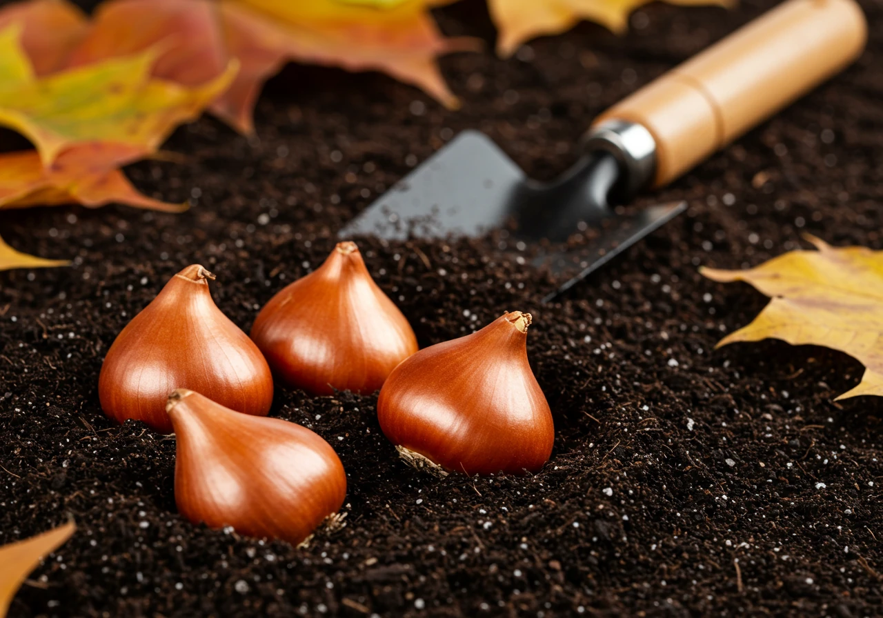 A close-up shot focusing on spring-blooming bulbs (like tulip or daffodil bulbs) being nestled into prepared garden soil. The bulbs are clearly visible against the dark, rich soil, perhaps with a small trowel lying nearby (no hands visible). A few fallen autumn leaves could be scattered nearby to reinforce the season.
