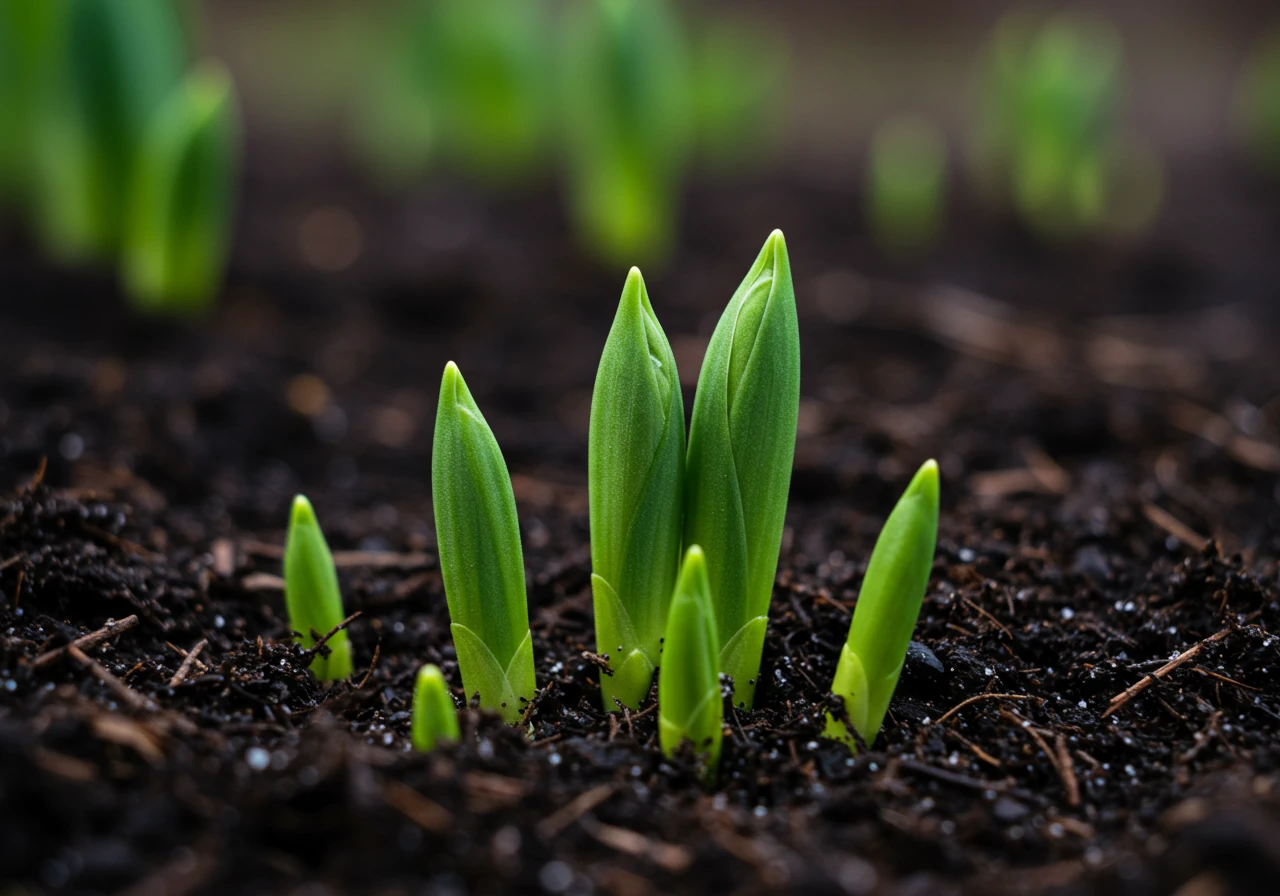 A highly detailed close-up image capturing the very first signs of spring awakening in a garden. Focus on small, vibrant green perennial shoots just breaking through the dark, damp soil, possibly near remnants of last year's leaf litter or thawing snow patches. The background should be soft-focused, suggesting the broader garden environment beginning to stir.