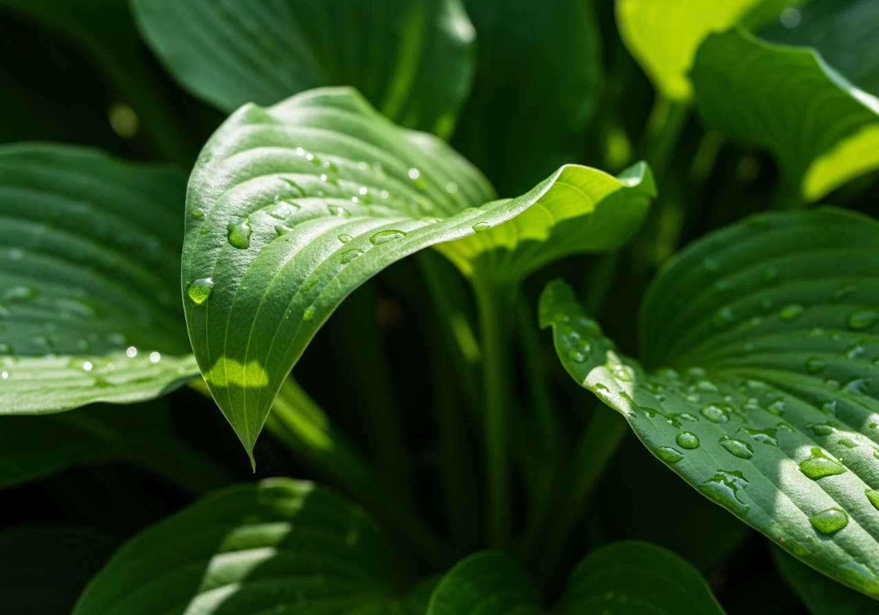 A close-up photograph capturing a leafy garden plant, like a hosta or hydrangea, visibly wilting under the harsh summer sun. The leaves should appear limp, slightly curled, and losing their vibrant green colour, conveying heat stress without looking completely dead. Focus on the texture and droop of the leaves.