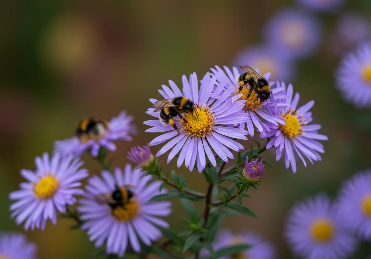 A vibrant, detailed close-up photograph focusing on several purple New England Aster flowers in full bloom during autumn. Multiple small native bees and one larger bumblebee are actively foraging for nectar and pollen on the flower heads. The background shows soft-focus hints of other fall garden foliage under bright, natural sunlight.