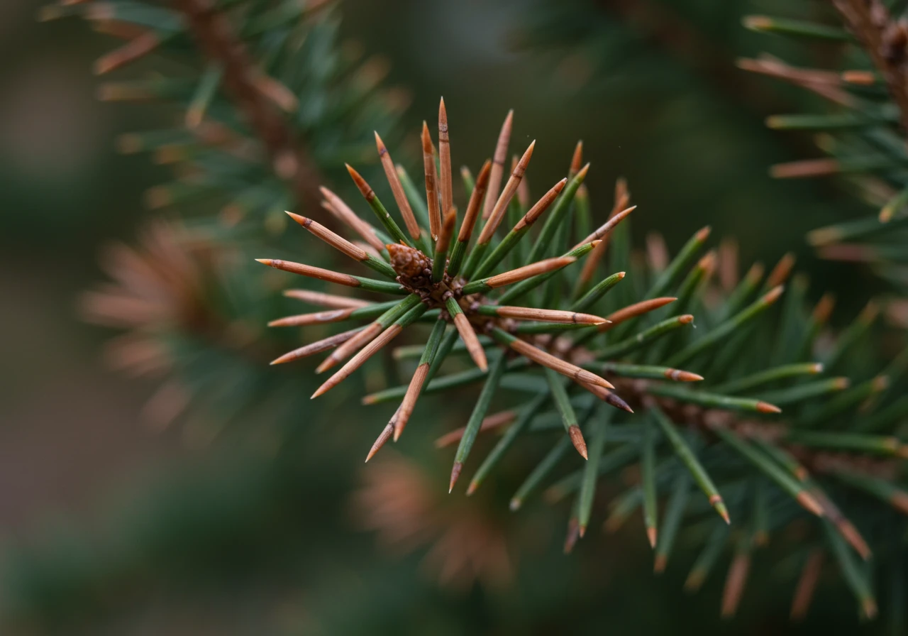 A close-up, detailed photograph focusing on the brown, desiccated tips of evergreen needles or the scorched, withered edges of shrub leaves, clearly showing the visual effects of salt spray damage during late winter or early spring. The background should be slightly blurred, emphasizing the damaged foliage.