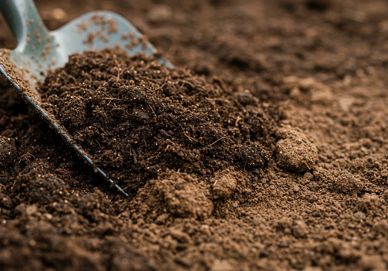 A close-up, macro-style photograph illustrating soil amendment. The image shows rich, dark, crumbly compost being gently turned into lighter-colored, existing garden soil. The blade of a clean metal hand trowel is visible performing the mixing action (no hands shown). The focus highlights the contrasting textures and colors of the compost and native soil, emphasizing the benefit of adding organic matter.
