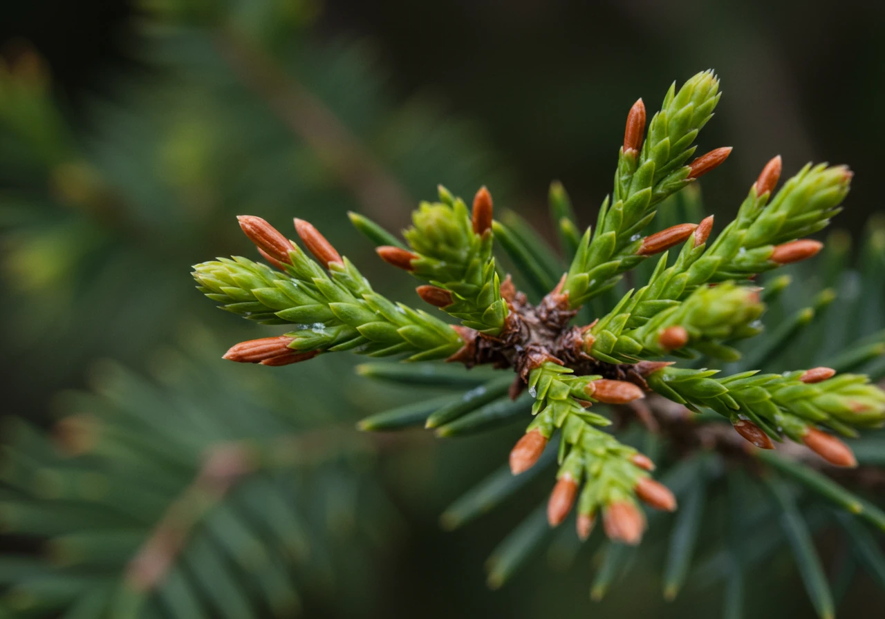 A close-up, detailed photograph showing the contrast between brown, dried-out needle tips ('leaf scorch') on an evergreen branch (like cedar or pine) and the healthy green needles further back on the same branch. This visually demonstrates a key symptom of salt damage.
