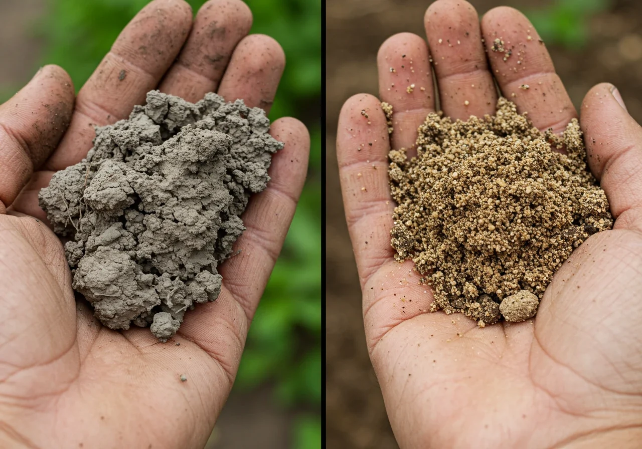 A clear, side-by-side comparison visual showing two distinct soil types relevant to the Osgoode area. On the left, a handful of heavy, dense greyish-brown clay soil, slightly clumpy. On the right, a handful of lighter brown, looser sandy loam soil, appearing more granular. The background is softly blurred, keeping focus on the soil textures.