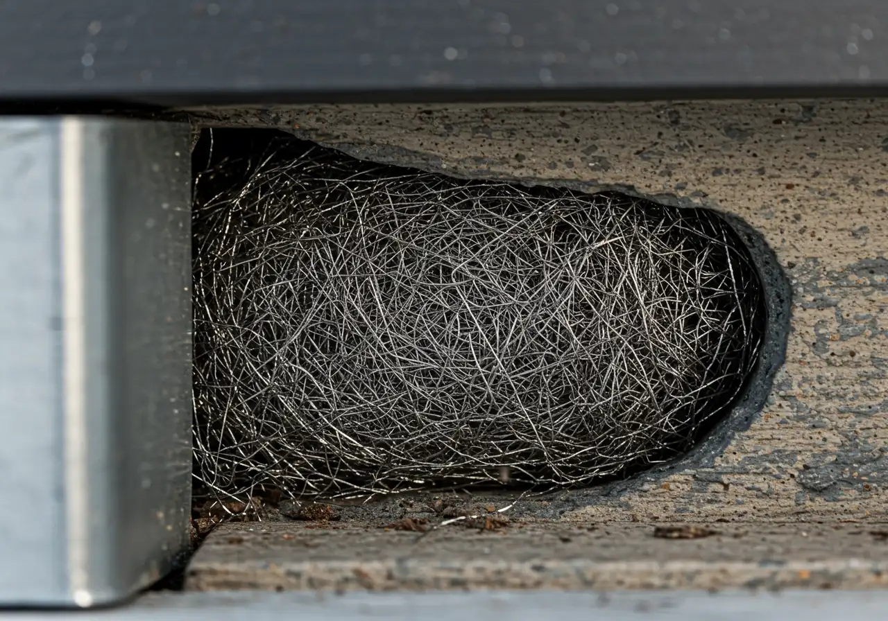 Detailed close-up image demonstrating pest prevention. Focus on the base corner of an outdoor kitchen cabinet or structure where a utility pipe or wire enters. The gap around the pipe/wire is visibly and neatly plugged with coarse steel wool. The surrounding material (e.g., wood, synthetic decking, stone) is clear.