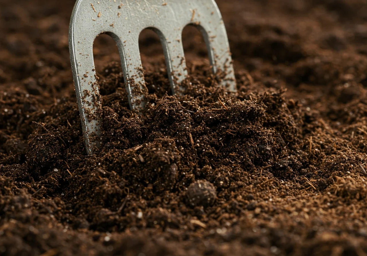 Close-up image showcasing rich, dark compost being lightly incorporated into existing garden soil with a garden fork partially visible (no hands). The contrast between the fluffy, dark compost amendment and the lighter-colored garden soil should be evident, highlighting the process of soil enrichment. Focus on soil texture and color difference.