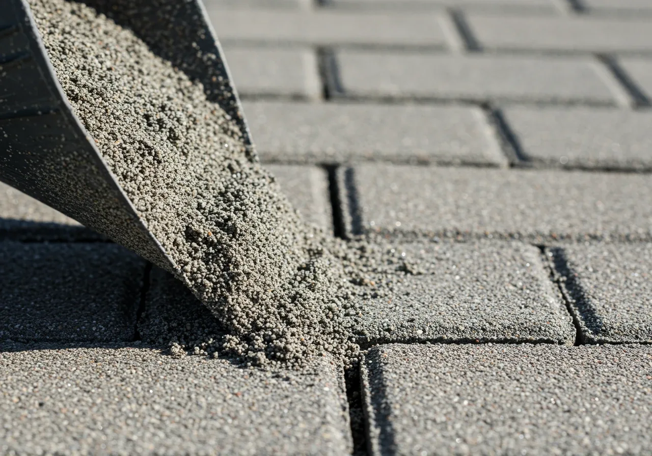 A detailed close-up focusing on the application of polymeric sand. It shows clean joints between interlocking pavers being filled with the specialized sand, highlighting the granular texture of the sand against the clean paver edges. No tools or hands visible, just the sand in the joints.