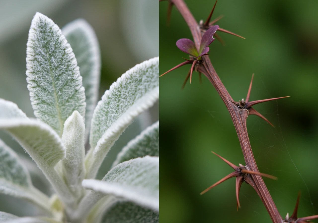 A close-up, eye-level shot focusing on the distinct textures deer dislike. Feature a side-by-side comparison: the fuzzy, silvery leaves of Lamb's Ear (Stachys byzantina) next to the spiny stems of a Barberry shrub (Berberis). The background should be soft-focused garden greenery. This image illustrates the textural deterrents mentioned.