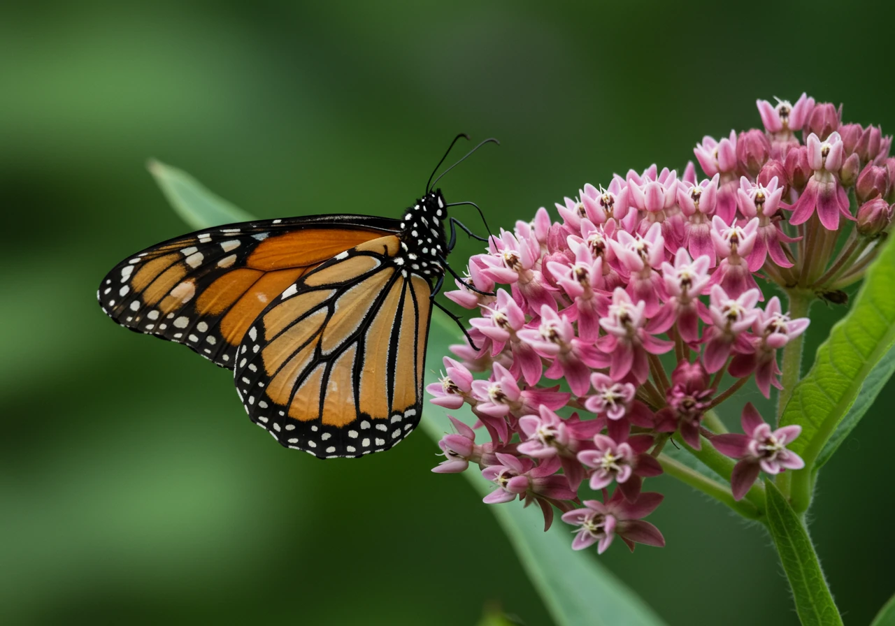 A vibrant, close-up image highlighting the ecological benefit of native plants. It should show a native pollinator, like a bee or butterfly (e.g., a Monarch), actively feeding on a native flower mentioned in the article, such as Swamp Milkweed.