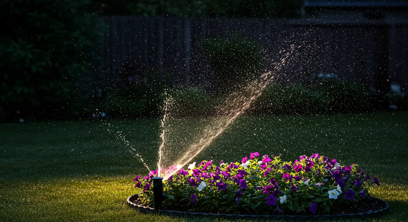 A dramatic photograph capturing a malfunctioning pop-up sprinkler head shooting a high, uncontrolled jet of water (like a geyser) upwards, splashing near a bed of colorful petunia flowers in a suburban garden setting. The scene is set during twilight, with the water spray catching the fading light. The surrounding lawn is otherwise green.