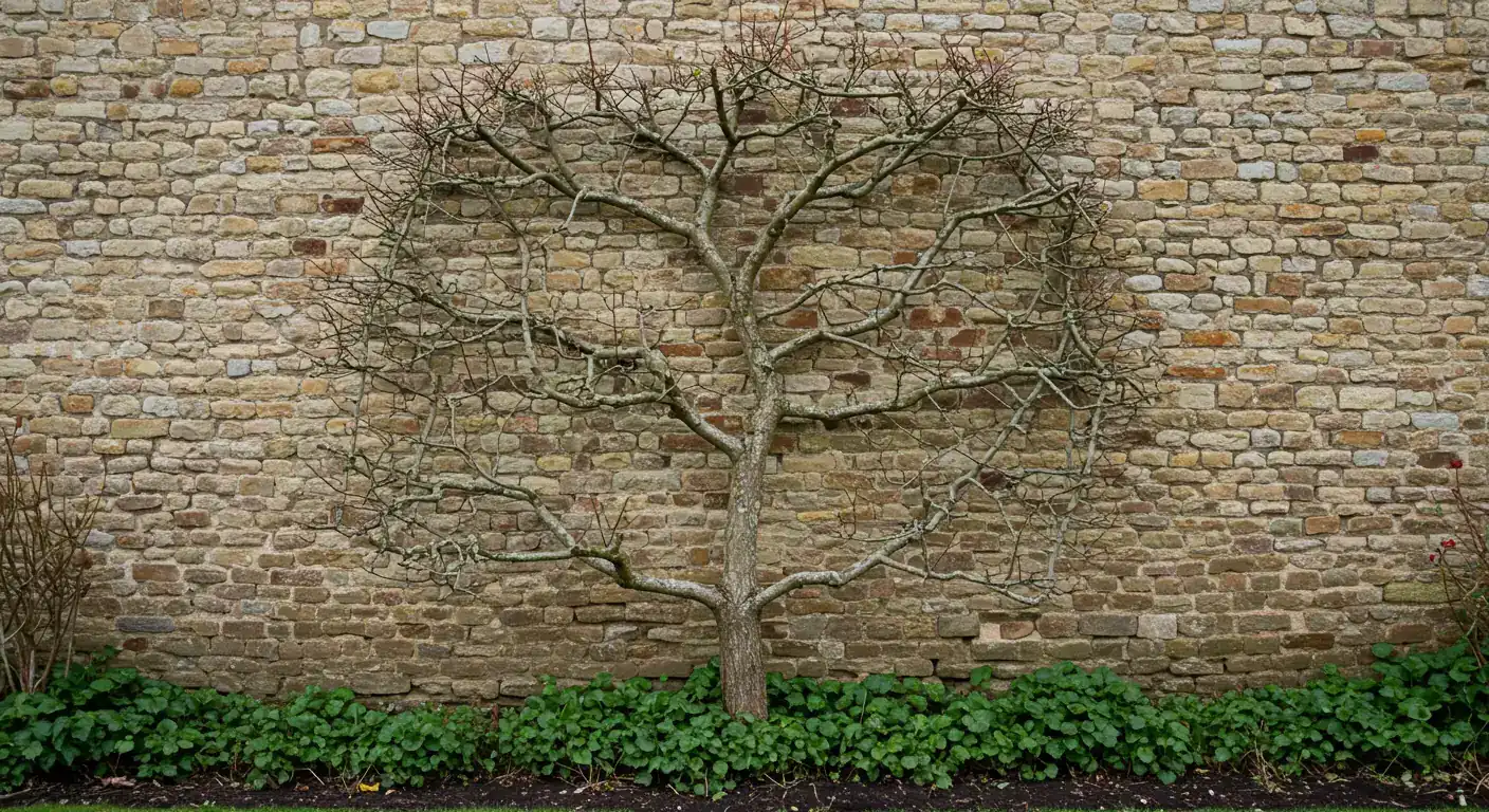 A visually striking example of a mature espalier fruit tree (like an apple or pear) trained in a formal, multi-tiered pattern against a rustic stone or brick wall. The tree should ideally be dormant or have sparse late-fall foliage, emphasizing its structure. Setting could be a well-maintained garden, hinting at the elegance described.
